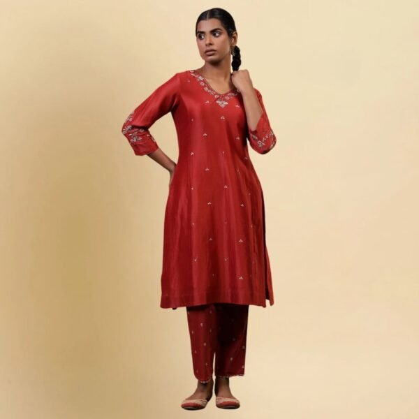 Folksong Red Rust Gotta Patti Cotton Silk Blend A-Line Kurta