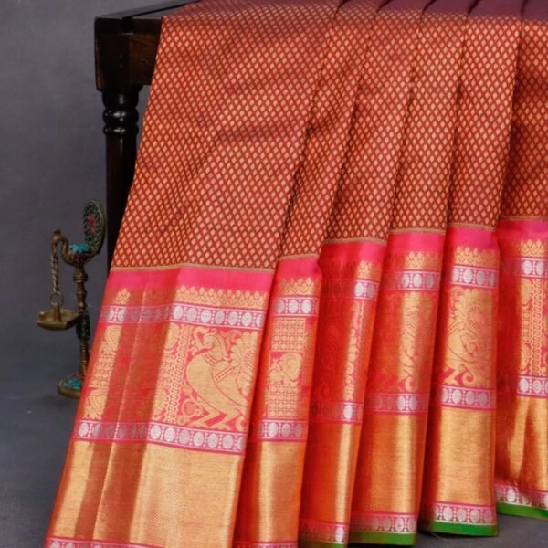 Gadwal silk saree maroon and pink with allover zari woven brocade weaves and long rich annam zari woven border