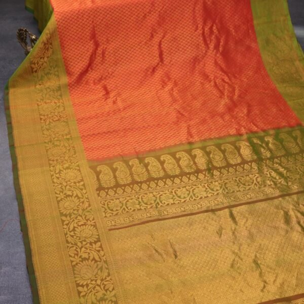Gadwal silk saree reddish orange and dual shade of green with allover zari woven brocade weaves and long floral zari woven border - Image 2