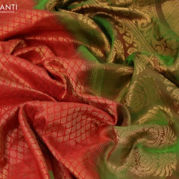 Gadwal silk saree reddish orange and dual shade of green with allover zari woven brocade weaves and long floral zari woven border - Image 3