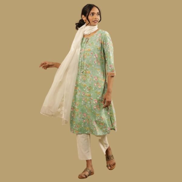 Green Block Printed Kurta With Neck Tie-Up