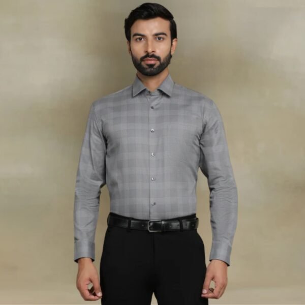 Grey Checked Regular Fit Formal Shirt