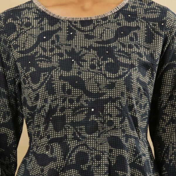 Indigo Hand Block Print Flared Kurta In Cotton Voile - Image 2