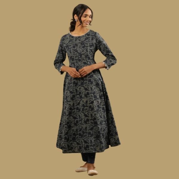 Indigo Hand Block Print Flared Kurta In Cotton Voile
