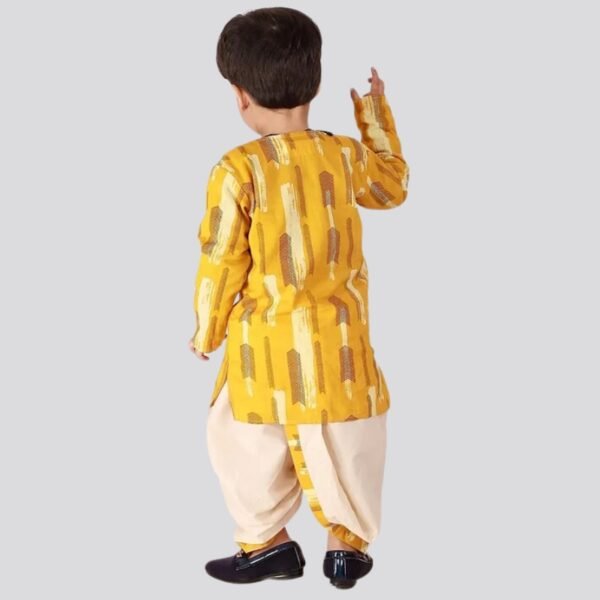 Little Bansi Full Sleeves Herringbone Motif Print Kurta And Dhoti - Yellow And Cream - Image 2