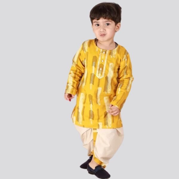 Little Bansi Full Sleeves Herringbone Motif Print Kurta And Dhoti - Yellow And Cream - Image 3