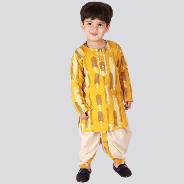 Little Bansi Full Sleeves Herringbone Motif Print Kurta And Dhoti - Yellow And Cream