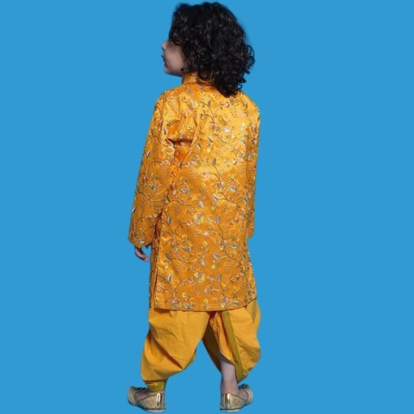 Little Bansi?Mulberry Silk Full Sleeves Floral Embroidered & Sequins Embellished Sherwani With Dhoti - Yellow - Image 2