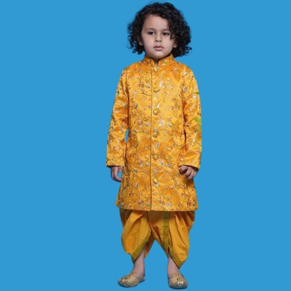 Little Bansi?Mulberry Silk Full Sleeves Floral Embroidered & Sequins Embellished Sherwani With Dhoti - Yellow - Image 3