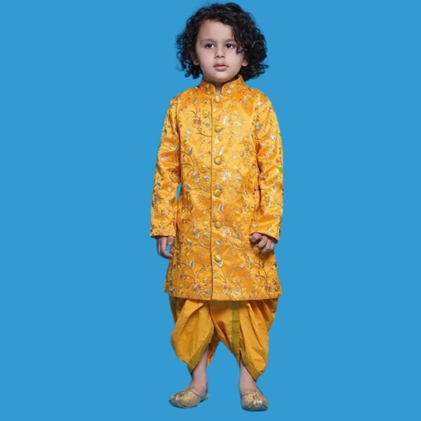 Little Bansi?Mulberry Silk Full Sleeves Floral Embroidered & Sequins Embellished Sherwani With Dhoti - Yellow