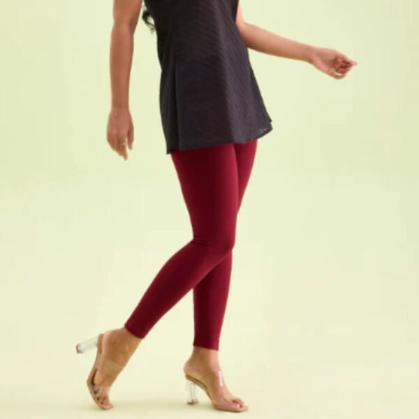 Maroon Drop Needle Fabric Rib Leggings - Image 2