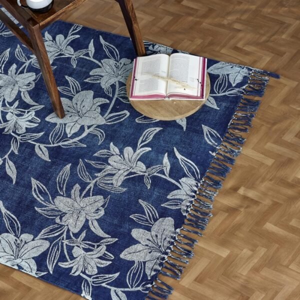 Blue Phool Cotton Blend Hand Block Printed Dhurrie