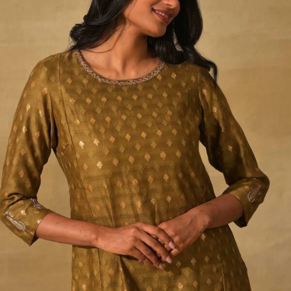 Olive Cotton Silk Jacquard kurta - Image 2