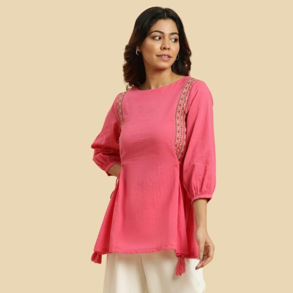 Pink Embroidered Solid Top With Side Tie-Up - Image 2