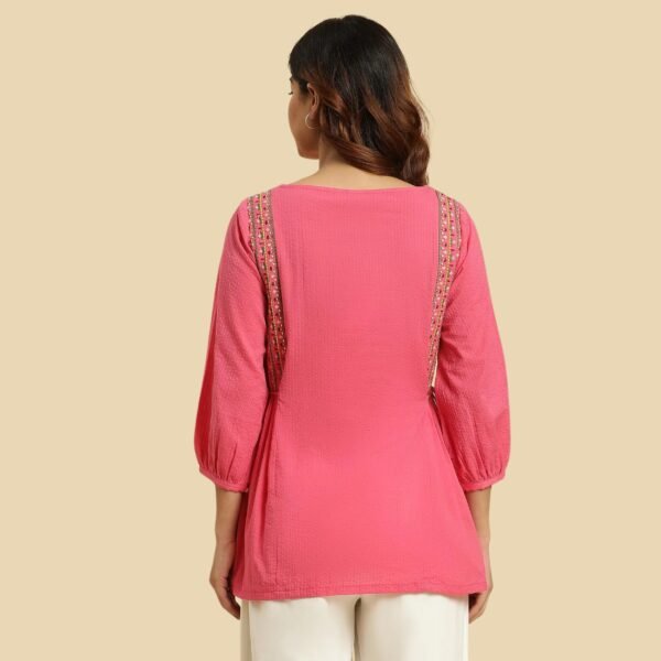 Pink Embroidered Solid Top With Side Tie-Up - Image 4