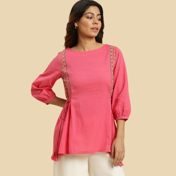 Pink Embroidered Solid Top With Side Tie-Up