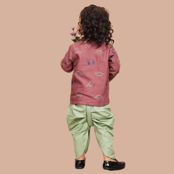 Polka Tots Full Sleeves Dinosaur Embroidered Angrakha Style Kurta With Dhoti - Pink - Image 2