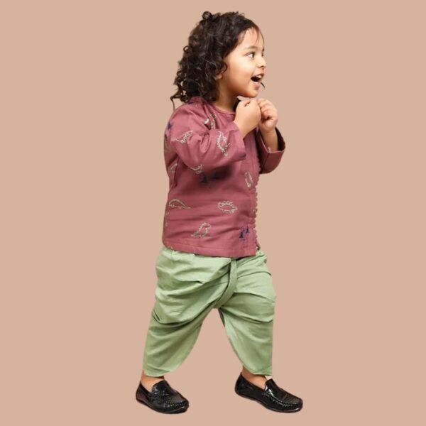 Polka Tots Full Sleeves Dinosaur Embroidered Angrakha Style Kurta With Dhoti - Pink - Image 3