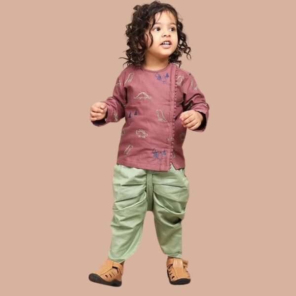 Polka Tots Full Sleeves Dinosaur Embroidered Angrakha Style Kurta With Dhoti - Pink