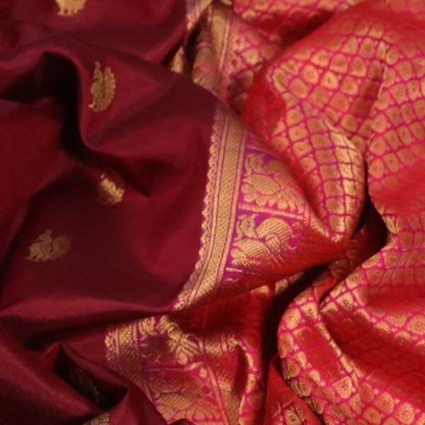 Pure gadwal silk saree maroon and pink with annam zari woven buttas and temple deisgn zari woven border - Image 3
