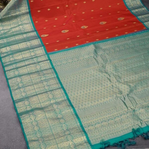 Pure gadwal silk saree orange and teal blue with zari woven buttas and long zari woven border - Image 2