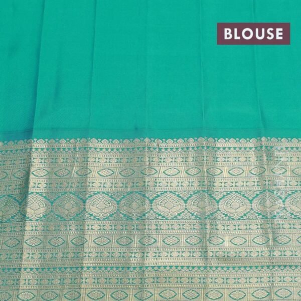 Pure gadwal silk saree orange and teal blue with zari woven buttas and long zari woven border - Image 3