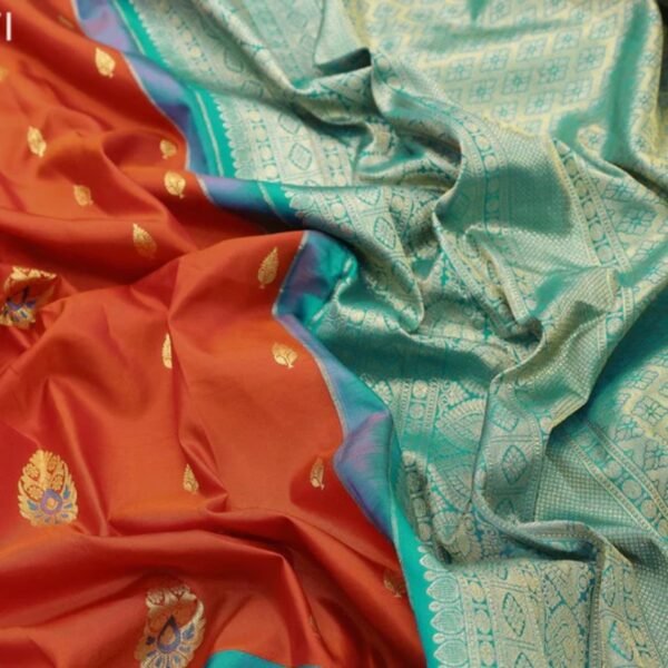 Pure gadwal silk saree orange and teal blue with zari woven buttas and long zari woven border - Image 4