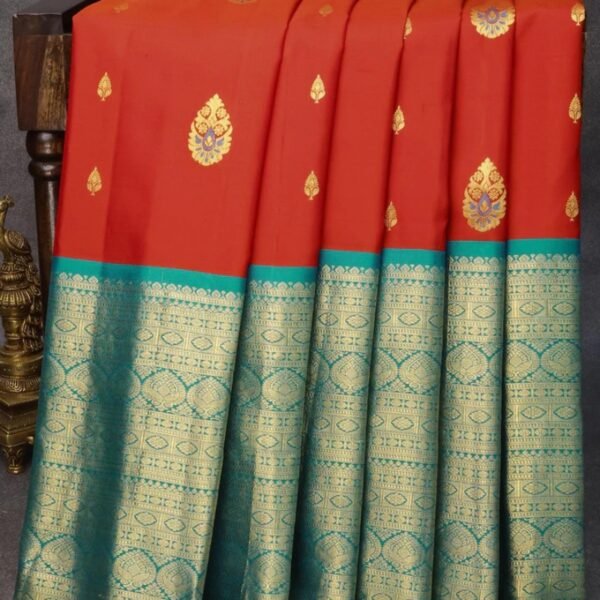 Pure gadwal silk saree orange and teal blue with zari woven buttas and long zari woven border