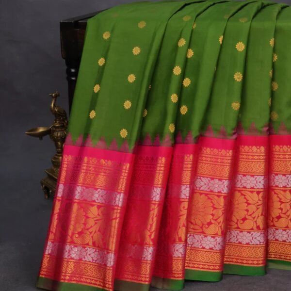 Pure gadwal silk saree sap green and pink with zari woven buttas and temple deisgn zari woven border