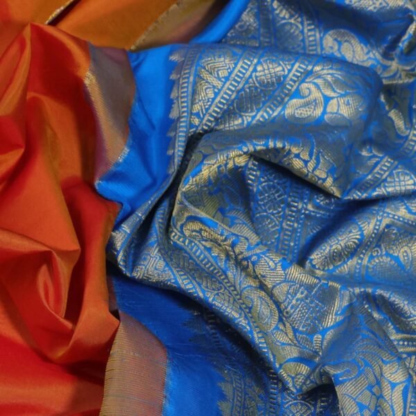 Pure gadwal silk saree sunset orange and cs blue with thread & zari woven buttas and long zari woven border - Image 3