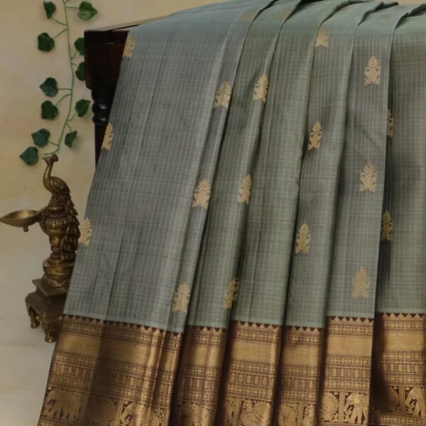 Pure kanchipuram silk saree grey shade and deep maroon with allover small zari checks & buttas and annam & elephant zari woven border