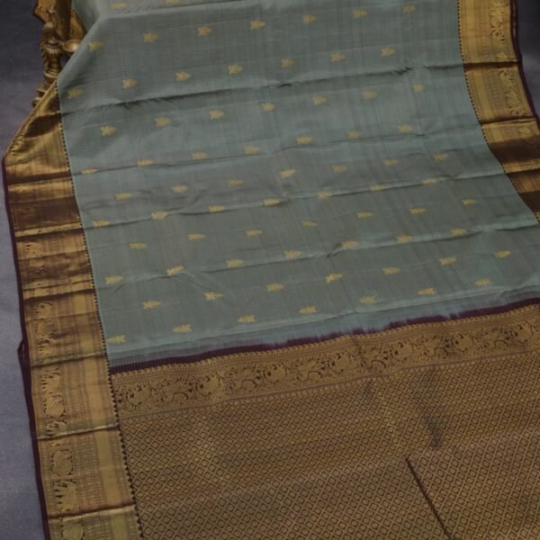Pure kanchipuram silk saree grey shade and deep maroon with allover small zari checks & buttas and annam & elephant zari woven border - Image 2