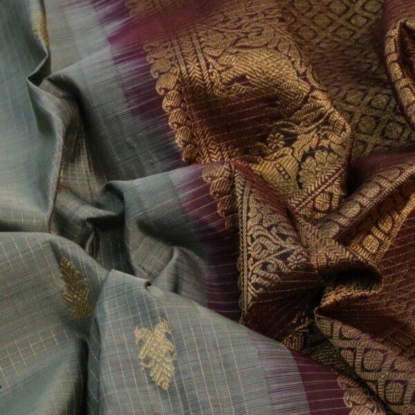 Pure kanchipuram silk saree grey shade and deep maroon with allover small zari checks & buttas and annam & elephant zari woven border - Image 3