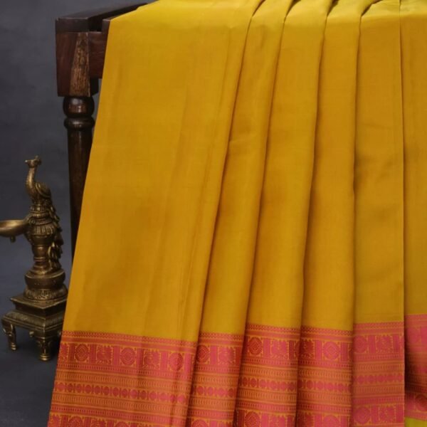 Pure kanchipuram silk saree mustard yellow and pink with plain body and thread woven border