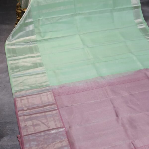 Pure kanchipuram silk saree pastel green and pastel brown with allover silver zari weaves and long silver zari woven border - Image 2