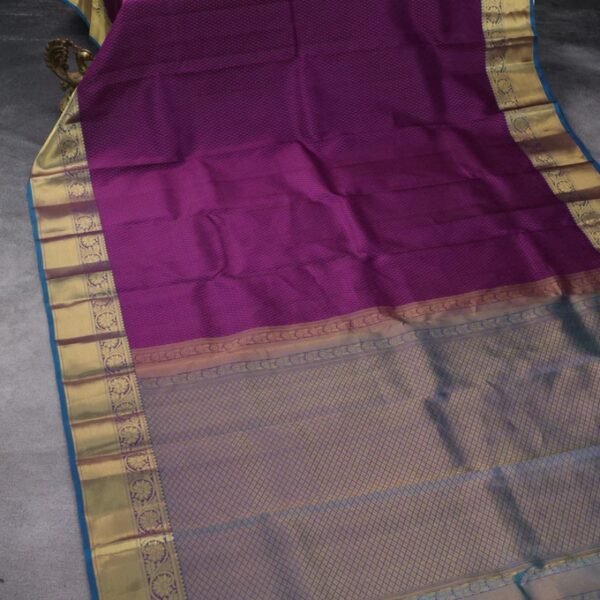 Pure kanchipuram silk saree purple and dual shade of peacock blue with allover self emboss & zari weaves and zari woven border - Image 2