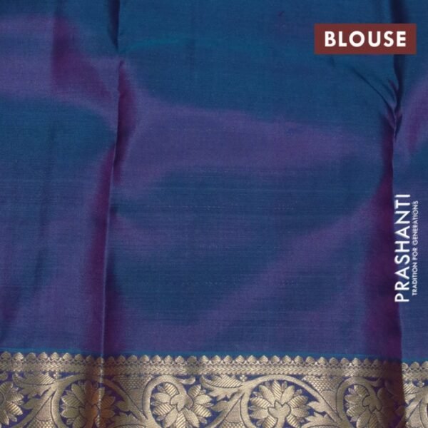 Pure kanchipuram silk saree purple and dual shade of peacock blue with allover self emboss & zari weaves and zari woven border - Image 4