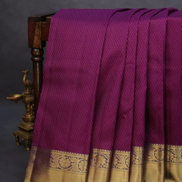 Pure kanchipuram silk saree purple and dual shade of peacock blue with allover self emboss & zari weaves and zari woven border