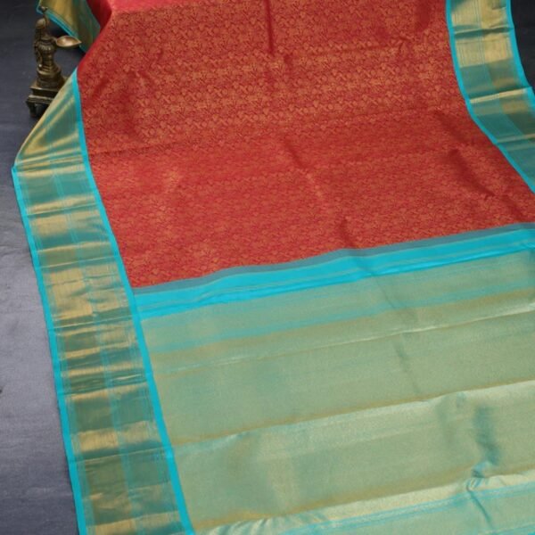 Pure kanchipuram silk saree red and teal blue with allover zari woven brocade weaves and zari woven border - Image 2