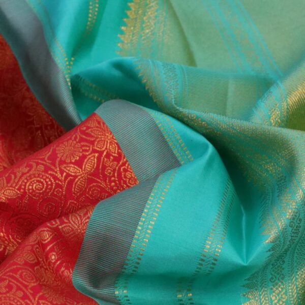 Pure kanchipuram silk saree red and teal blue with allover zari woven brocade weaves and zari woven border - Image 3