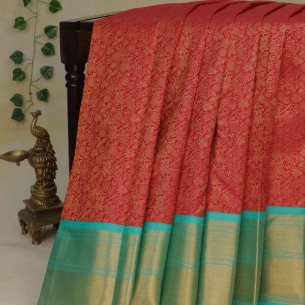 Pure kanchipuram silk saree red and teal blue with allover zari woven brocade weaves and zari woven border
