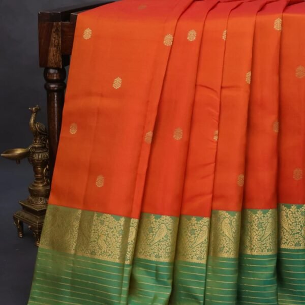 Pure kanchipuram silk saree rustic orange and green with zari woven buttas and zari woven border