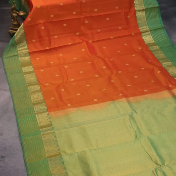 Pure kanchipuram silk saree rustic orange and green with zari woven buttas and zari woven border - Image 2