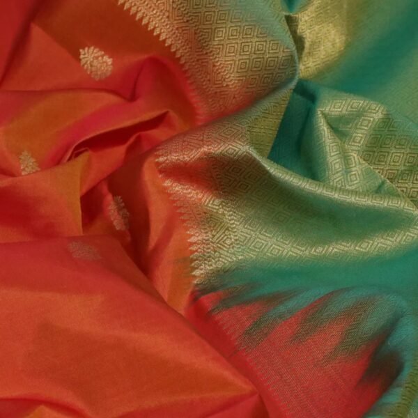 Pure kanchipuram silk saree rustic orange and green with zari woven buttas and zari woven border - Image 3
