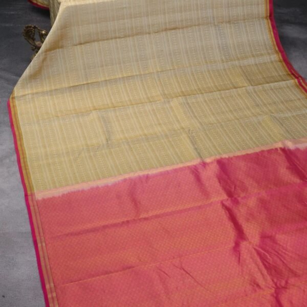 Pure kanchipuram silk saree sandal and pink with allover self emboss and zari woven border - Image 2