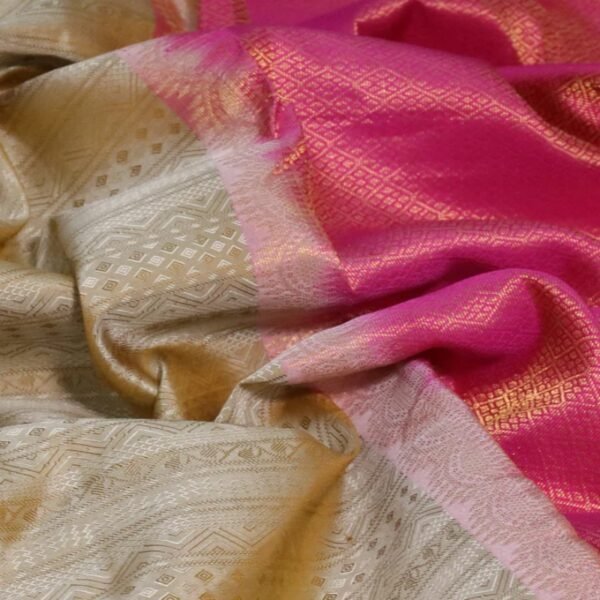 Pure kanchipuram silk saree sandal and pink with allover self emboss and zari woven border - Image 3