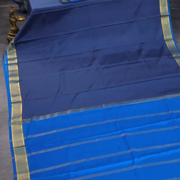 Pure mysore silk saree greyish blue and cs blue with plain body and zari woven border - Image 2