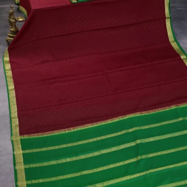 Pure mysore silk saree maroon and red with allover self emboss and zari woven border - Image 2