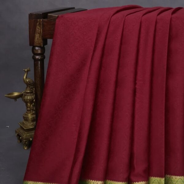 Pure mysore silk saree maroon and red with allover self emboss and zari woven border