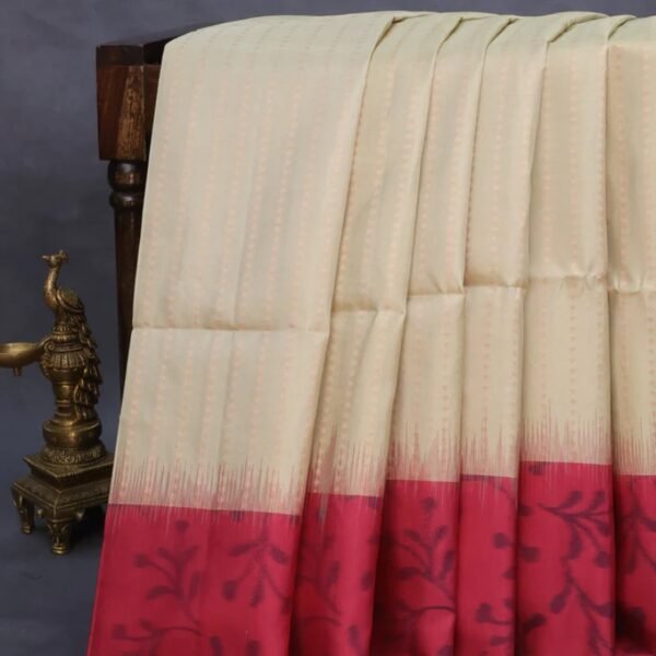 Pure soft silk saree beige and maroon shade with allover copper zari woven butta wevaes and ikat style border